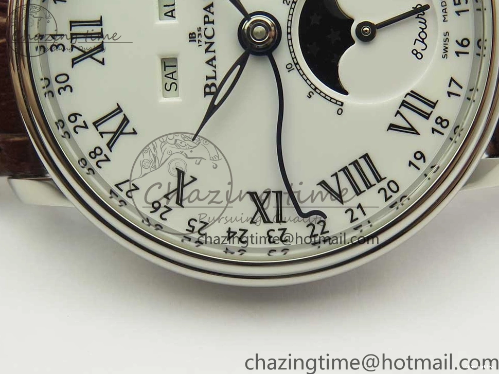 0712 Upgraded Villeret Quantième Complet 8 Jours SS Complicated Function OMF 1:1 Best Edition White Dial on Brown Leather Strap A 7983